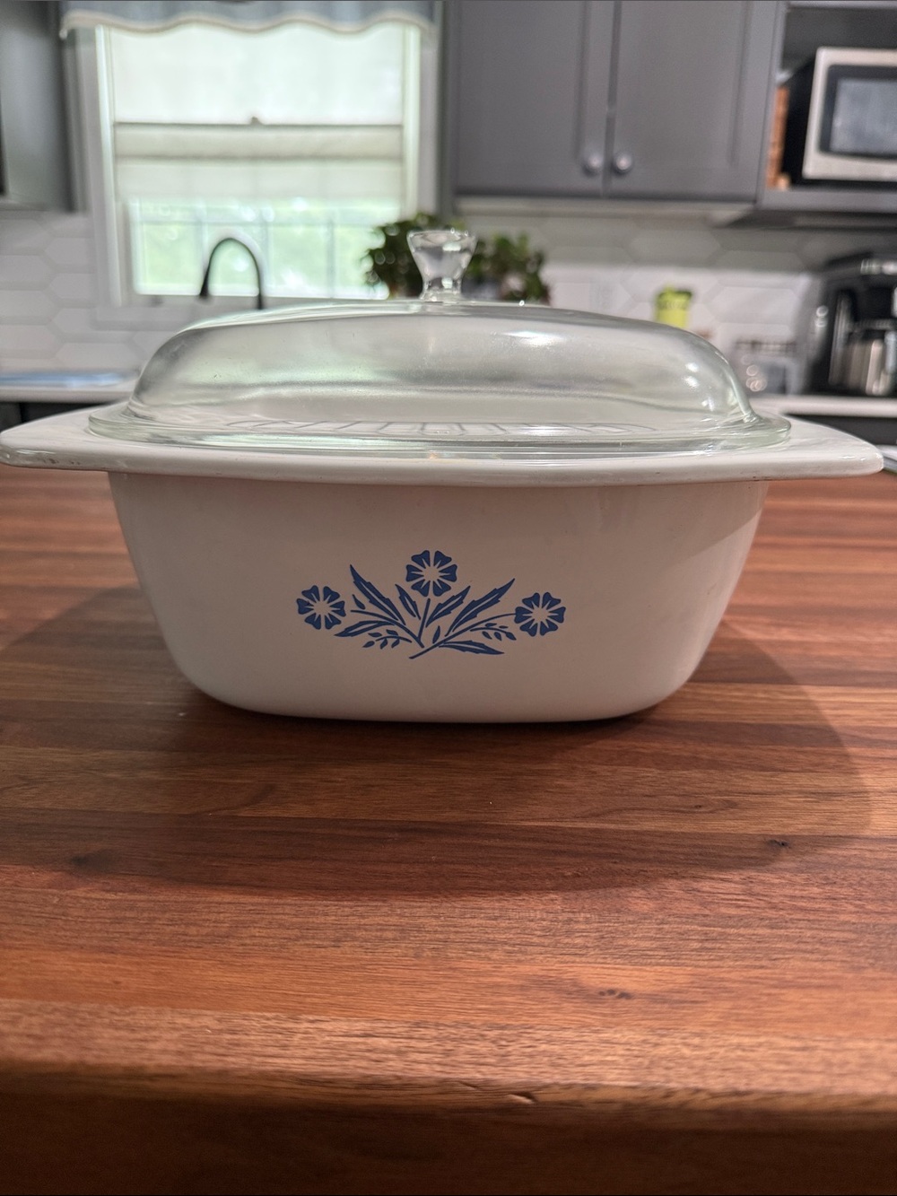 Vintage Corelle White Casserole Dish with Cornflower Design and Glass Lid